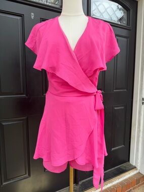 Women's Hot Pink Wrap Romper with Flutter Sleeves Large